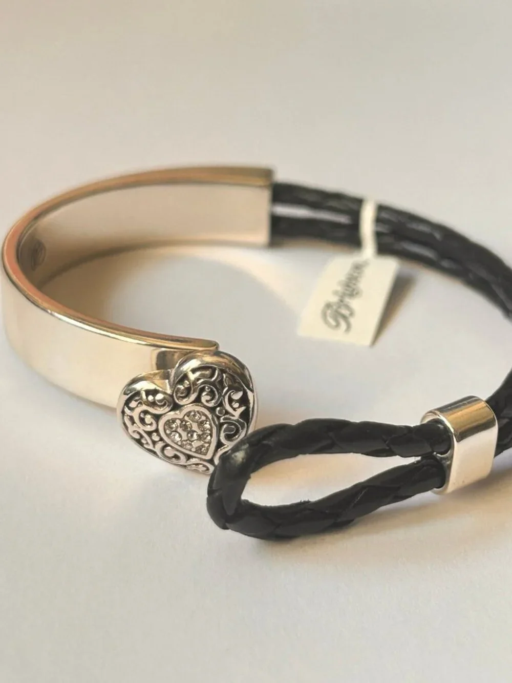 Brighton Boho Demi Lune silver black Braided rope leather heart bracelet